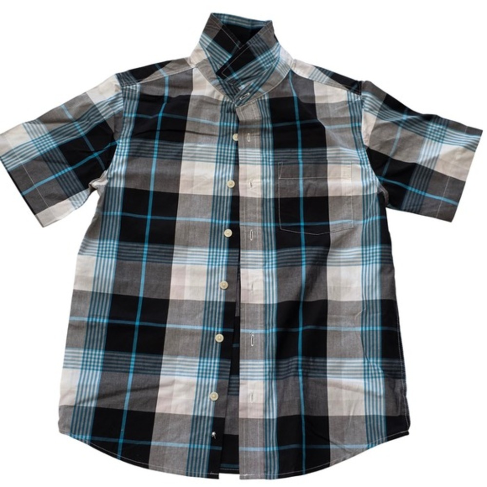 Urban Pipeline Boys Large Black Blue Plaid Short Sleeve Button Down Shirt‎